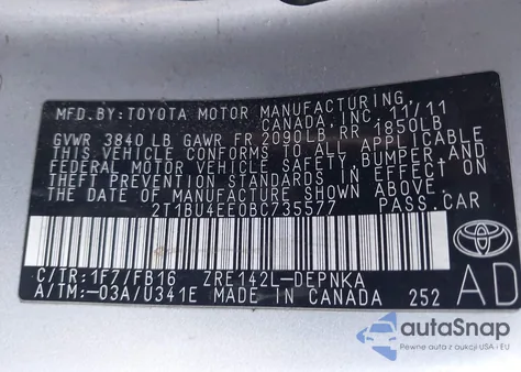 2011 Toyota Corolla Le from USA, damaged, VIN 2T1BU4EE0BC735577